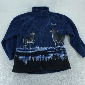 Resort Stop Alaska Fleece Jacket Mens Small Wolf Howling Full Zip Outdoors